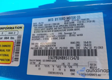 2022 Ford Mustang Ecoboost Premium from USA, damaged, VIN 1FATP8UH8N5115470